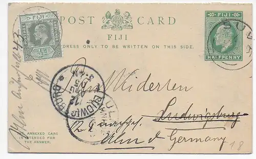 post card Fiji Suva 1905 to Ludwigsburg, forwarded to Ulm with Answer card