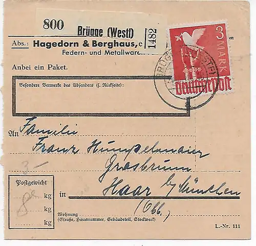 Paketkarte Brügge/Westf. nach Haar, 1948, EF