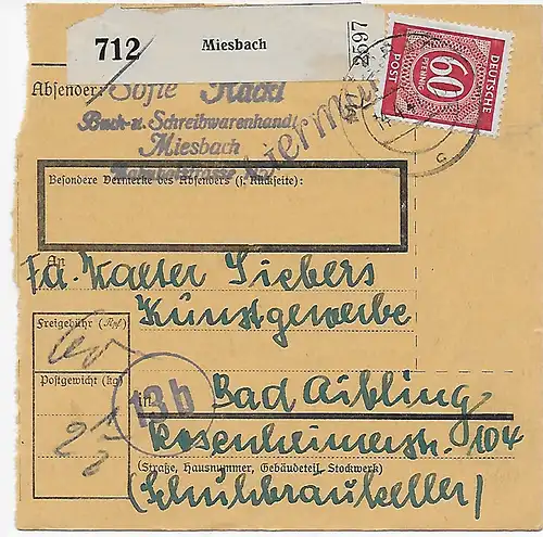 Paketkarte Miesbach nach Bad Aibling, 1948, EF