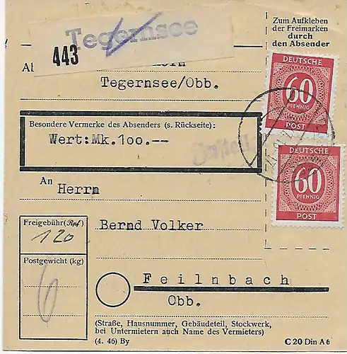 Paketkarte Tegernsee nach Feilnbach, 1947, MeF