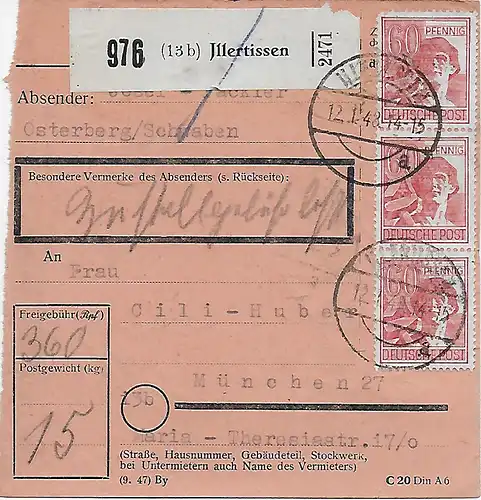 Paketkarte Illertissen nach München, 1948, MeF, Agenturstempel 