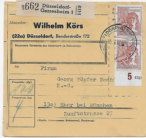 Carte de colis Düsseldorf-Gerresheim après Haar, 1948, MeF, impression de l'expéditeur, HAN