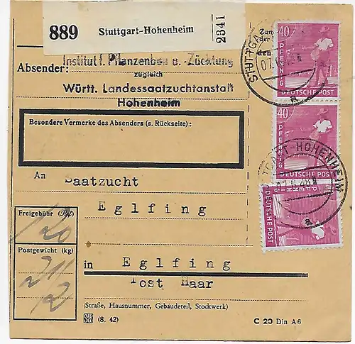 Paketkarte Stuttgart Hohenheim, Landessaatzucht nach Eglfing, MeF 1948