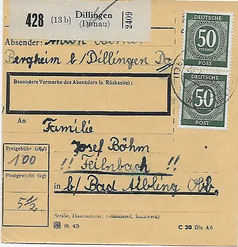 Paketkarte Dillingen nach Feilnbach bei Bad Aibling MeF 1947, Agentur Bergheim