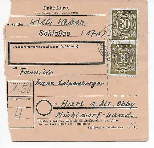 Paketkarte Schloßau Mosbach nach Hart a. Alz, Mühldorf, 1948, MeF