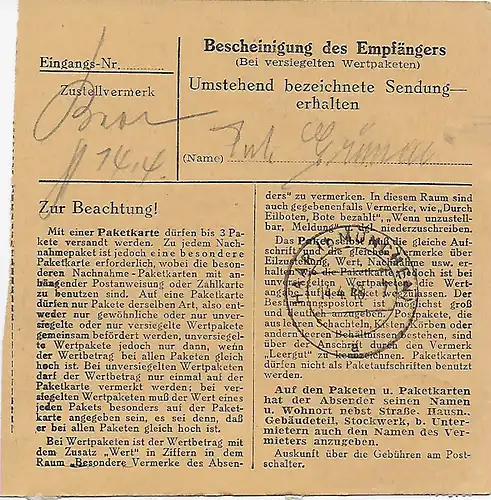 Carte de colis Endorf/Oberbayern par Haar, 1948, MeF