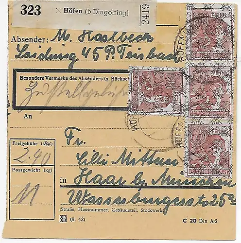 Carte de colis Cours à Dingolfing après Haar, MeF, A49 II, 1948