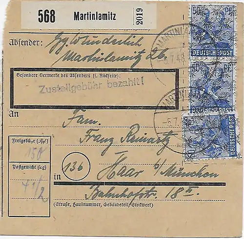 Paketkarte Martinlamitz 1948 nach Haar, 48 II, MeF