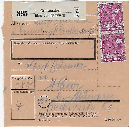 Carte de paquets Grattersdorf via Hengersberg 1948 vers Haar, 47 II, MeF
