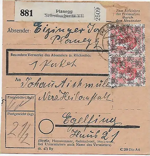 Paketkarte Planegg, Selbstbucher nach Egelfing, 1948, 46II, MeF
