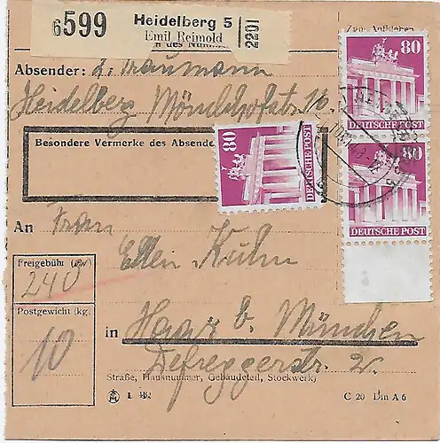 Paketkarte Heidelberg, Selbstbucher nach Haar, 1948, MiNr. 94 MeF