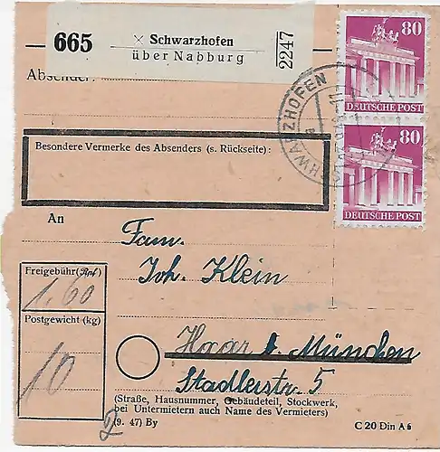 Paketkarte Schwarzhofen/Nabburg nach Haar/München, 1948, MiNr. 94 MeF