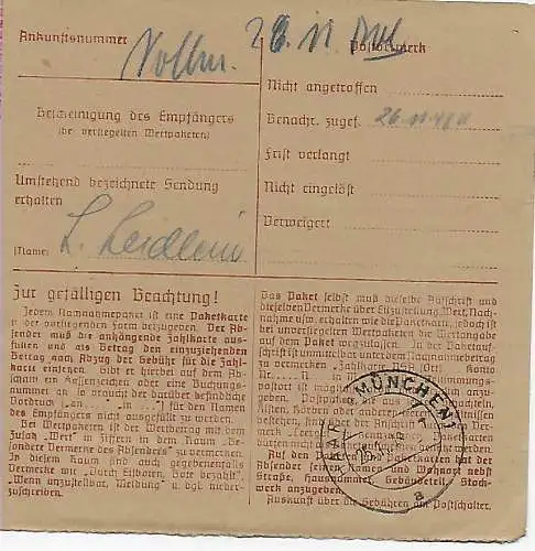 Carte colis Acceptation Hagen/Westf. par cheveux/Munich, 1948, Min. 93 MeF