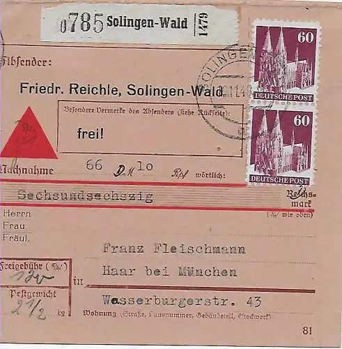 Paketkarte Nachnahme Solingen Wald nach Haar/München, 1948, MiNr. 93 MeF