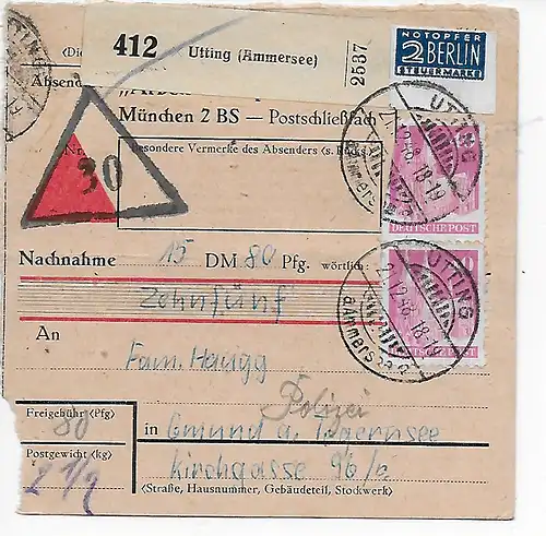 Paketkarte Nachnahme Utting/Ammersee an Polizei Gmund/Tegernesee, 1948