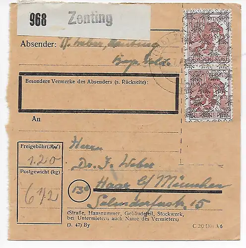 Paketkarte Zenting nach Haar/München 1948, MeF