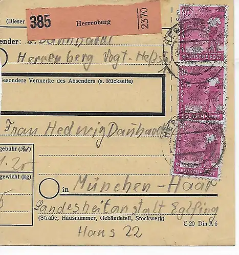 Paketkarte Herrenberg nach Haar, Landesheilanstalt Eglfing,  1948, MeF