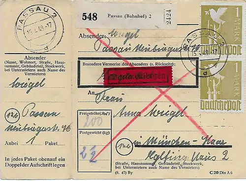 Paketkarte Eilboten Passau nach München-Haar, 1948, MeF