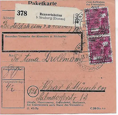 Paketkarte Rennertshofen bei Neuburg nach Haar, 1948, MeF