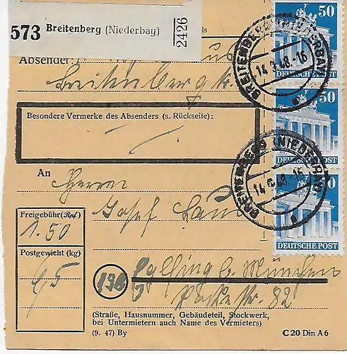 Carte de Breitenberg d'après Eglfing, 1948, MeF MiNr. 93