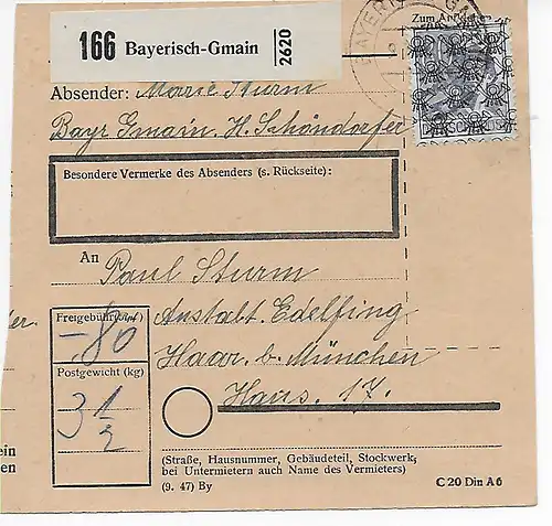 Paketkarte von Bayerisch-Gmain nach Haar, Anstalt 1948, EF MiNr. 50II