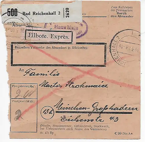 Carte de paquet Eilbote de Bad Reichenhall à Munich, 1948, MeF MiNr. 959