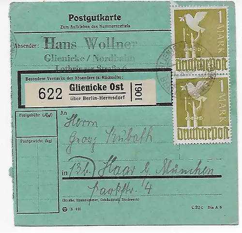 Carte de Carte Package de Glienicke Est/Hermersdorf d'après Haar, 1948, MeF MiNr. 959