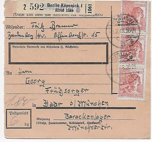 Carte de Berlin-Köpenick, Auto-livrer après Haar, 1948, MeF MiNr. 956