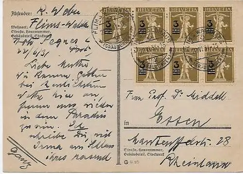 Postkarte MeF von Flims-Waldhaus nach Essen, 1931