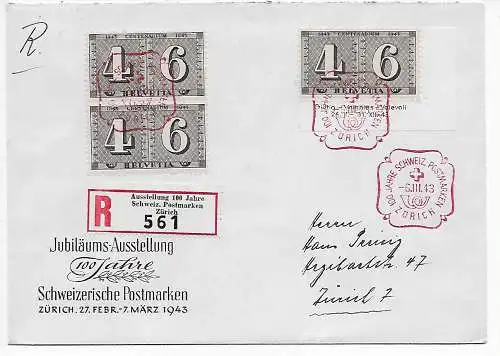 Inscription Zurich: Exposition 100 ans Suisse. Timbres postales 1943