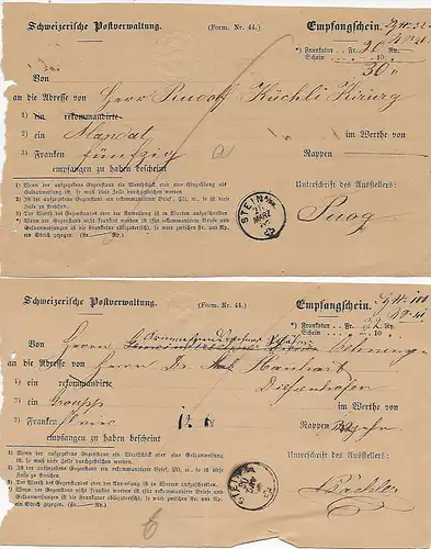 5x Empfangscheine 1864/67, Stein am Rhein