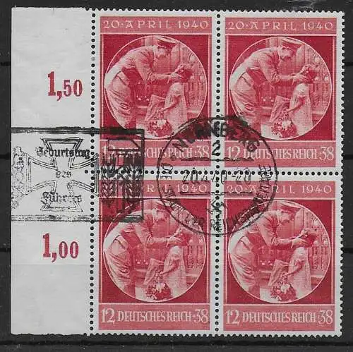 DR: MiNr. 744, Viererblock vom Seitenrand, 1940