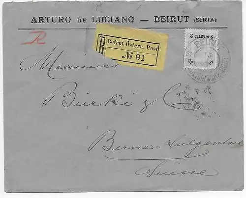 Beyrouth-Autriche Post, lettre recommandée en Suisse, 1904, Levante-Syrie