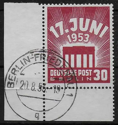 Berlin: MiNr. 111, Eckrand E3, vorgefaltet, 1953