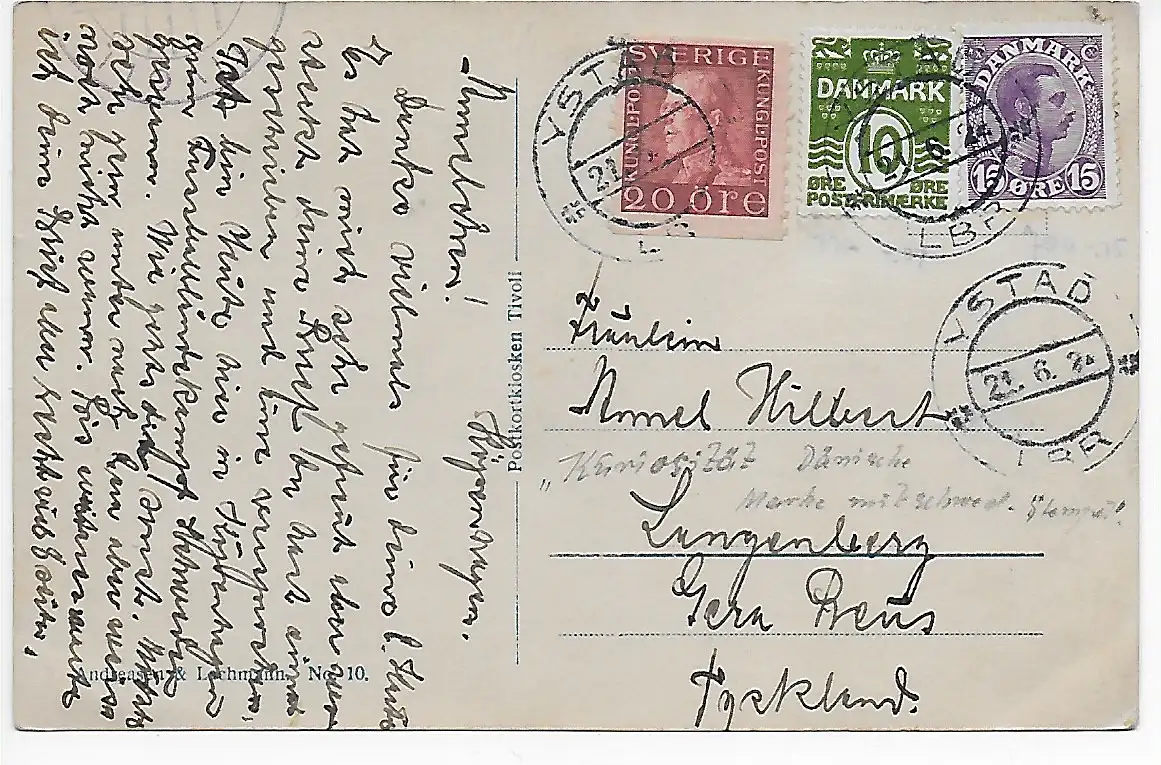 Image post card Copenhague Ystad 1924 to Denmark