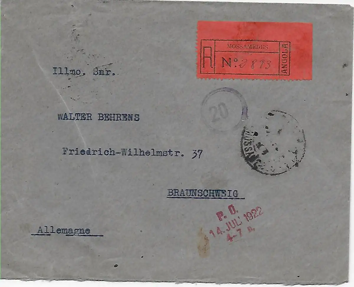 Mossamedes Angola, en 1922 comme lettre recommandée à Braunschweig