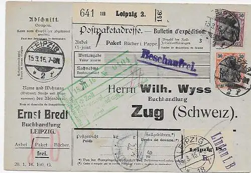 Carte colis Leipzig après Zoug/CH - impression, 16.3.1916, sans blague, sur Lindau