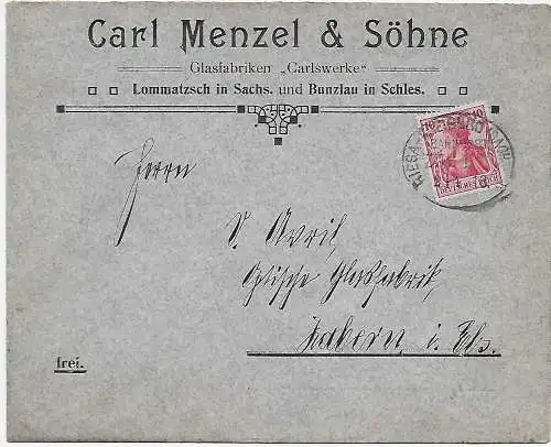 L'usine de verre Lommatzsch/Bunzlau Sachsen avec cachet de la poste de chemin de fer Riesa-Freiberg, 1913