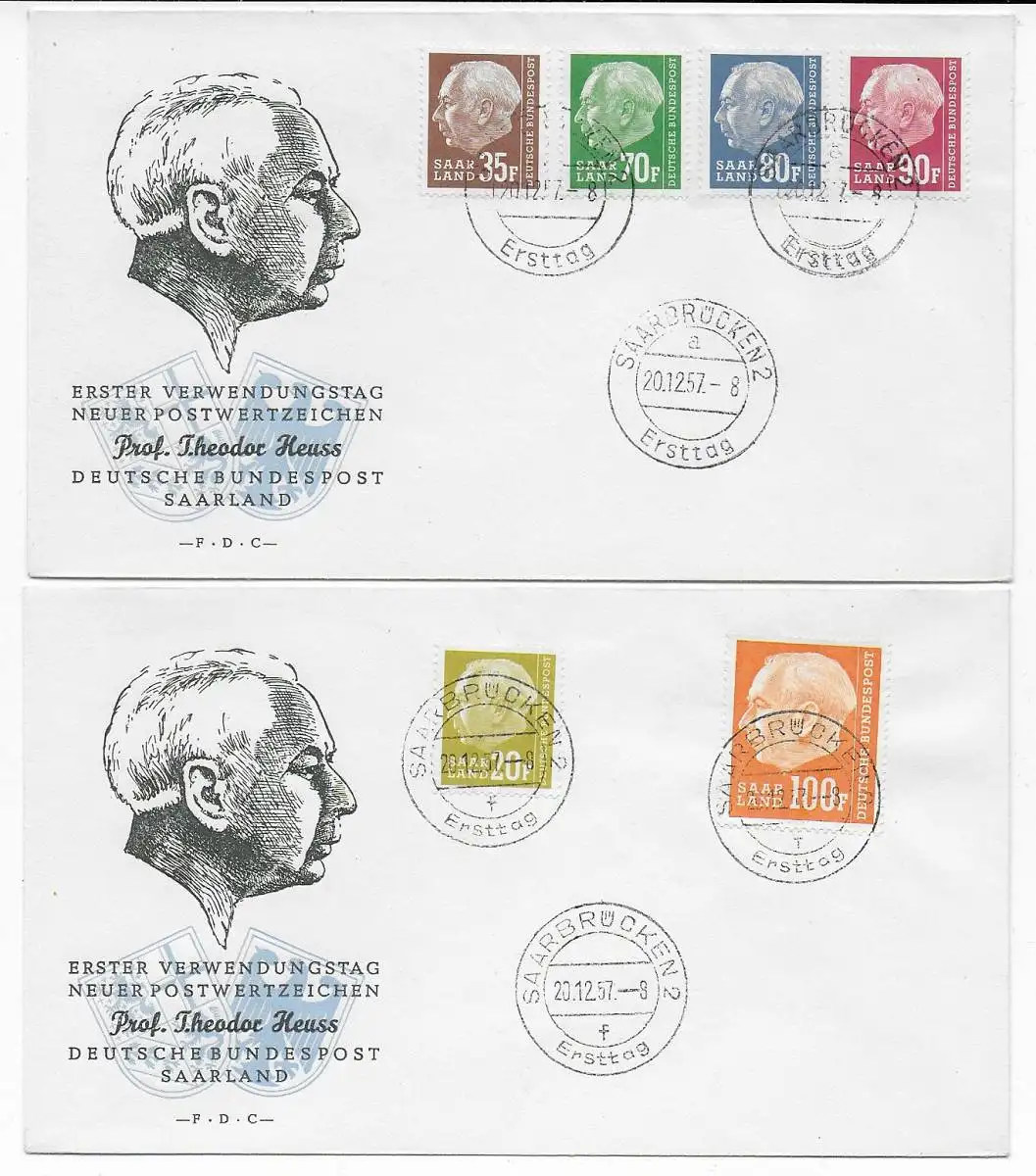 4x FDC 1957: 417, 420, 423-428, Theodor Heuss Sarrebruck