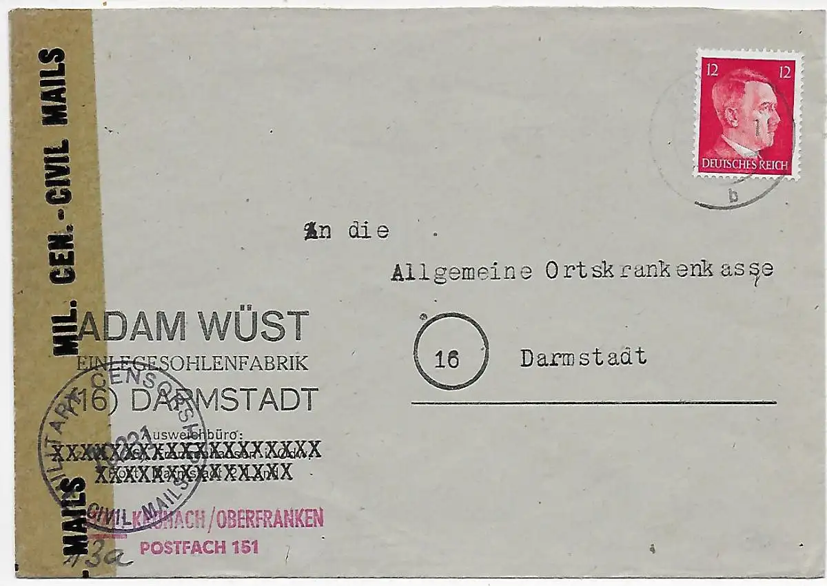 Darmstadt / Kronach 2.2.45, usine de semelles à AOK, censure militaire, surroller