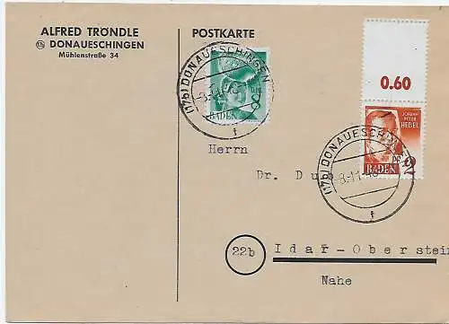 Carte postale Donaueschingen 1948 vers Idar-Oberstein