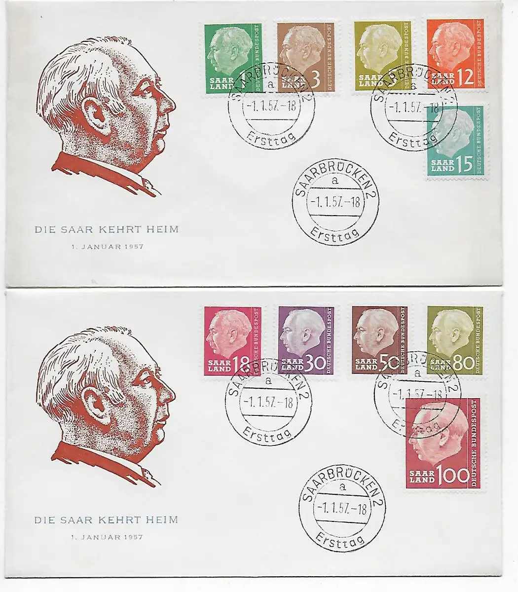 2x FDC 1957: Theodor Heuss Saarbrücken