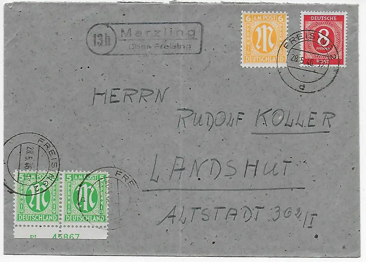 Agenturstempel Marzling über Freising nach Landshut, 1946