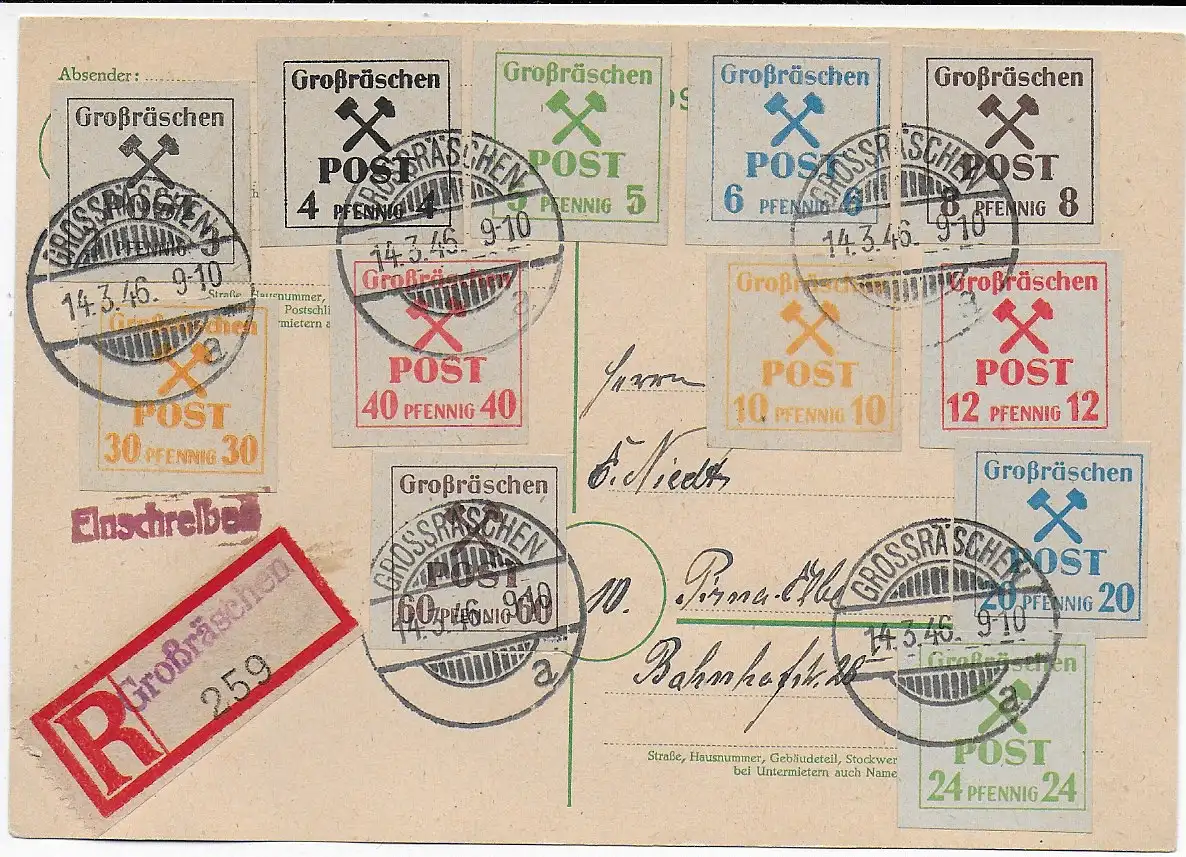 Postkarte Einschreiben 1946 Großräschen