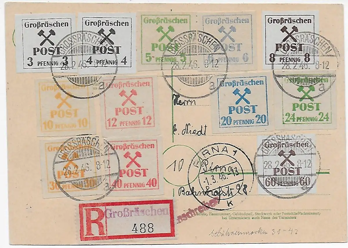 Grossräschen, Einschreiben MiNr. 31-42, 1946 nach Pirna