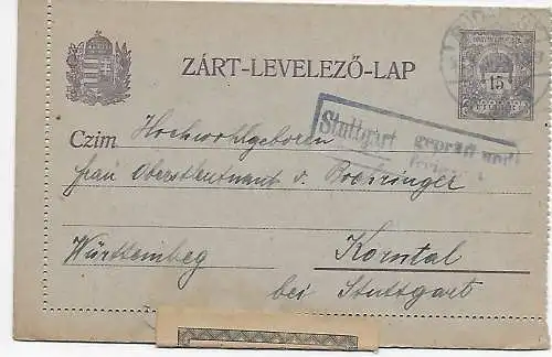 Kartenbrief von Budapest 1918 nach Korntal, Zensur Stuttgart