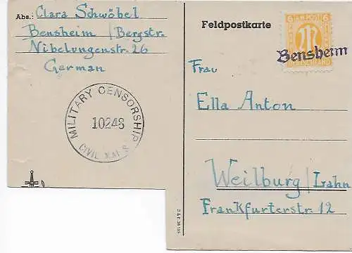 Carte postale de terrain avec proverbe coupé, Bensheim à Weilburg, censure 1945