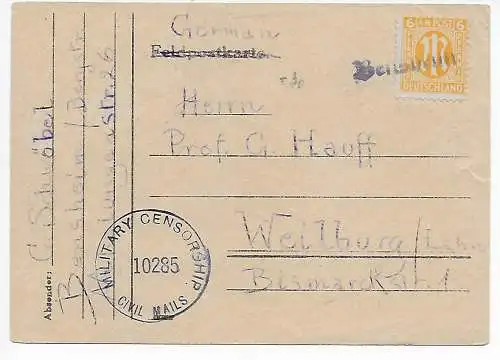 Carte postale de champ Bensheim vers Weilburg, censure