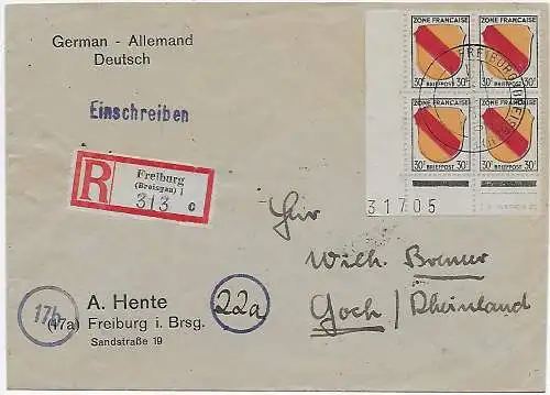 Lettre recommandé Fribourg après Goch, 1946, Quadruple avec numéro d'arc