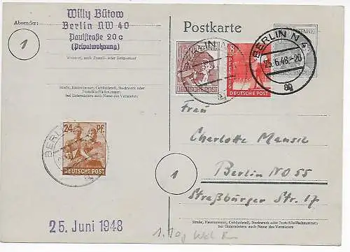 Carte postale le 1er jour de la réforme monétaire: 25.6.48, Berlin